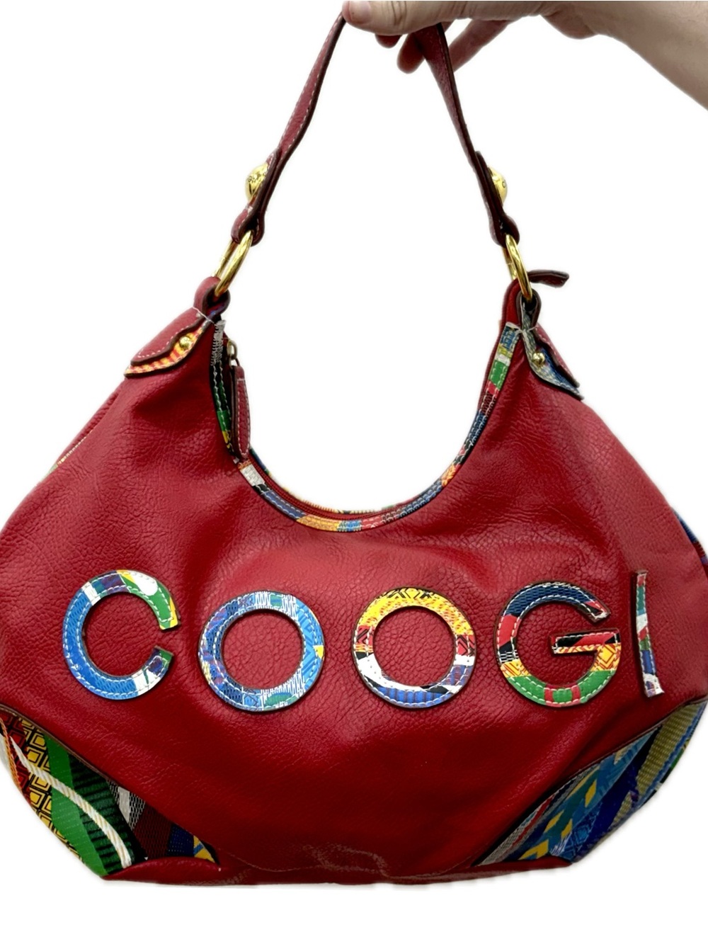 COOGI Red Leather Shoulder Hobo Bag with Geometric Multicolor Accents